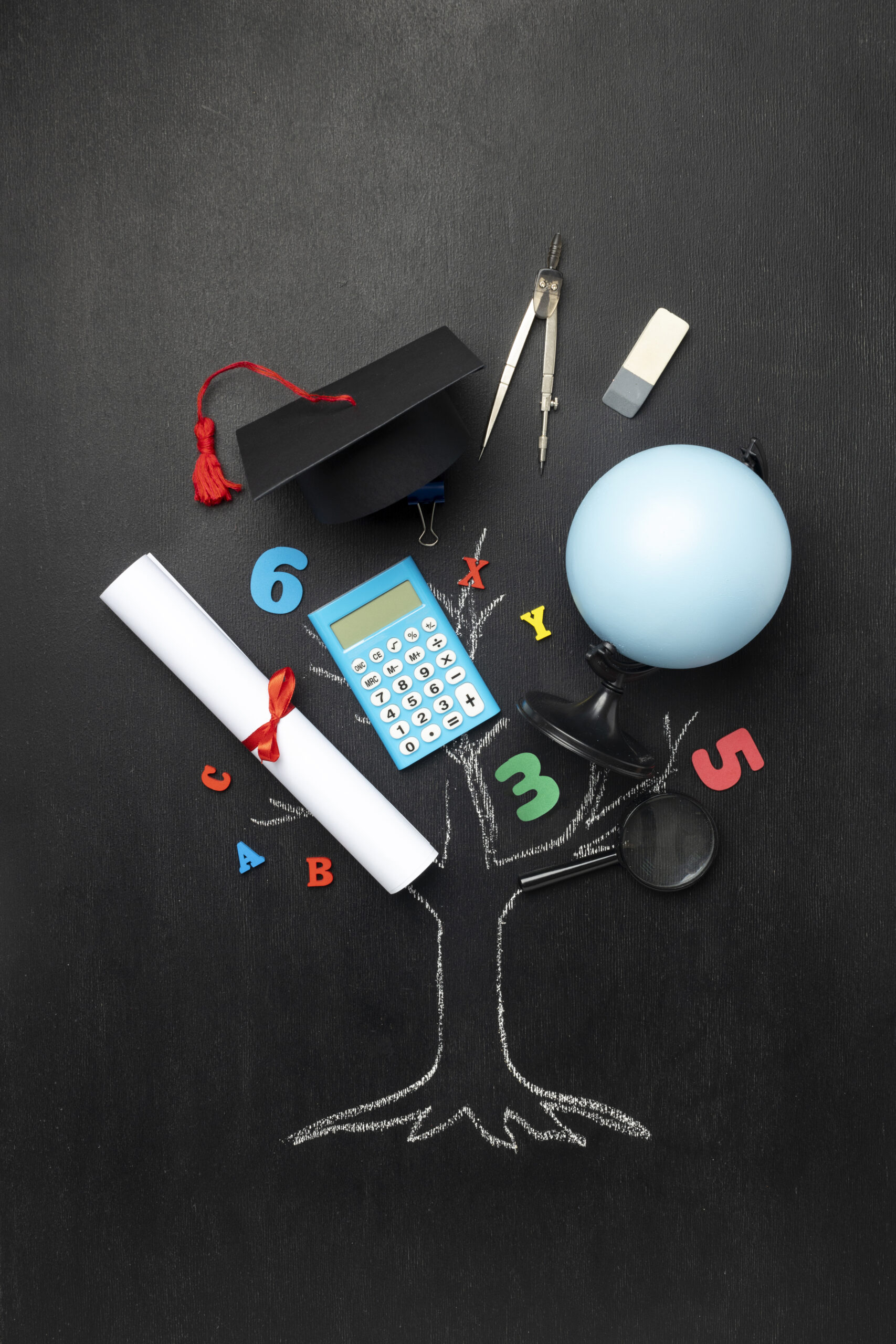 vista-superior-de-utiles-escolares-y-un-arbol-dibujado-en-la-pizarra-para-el-dia-de-la-educacion